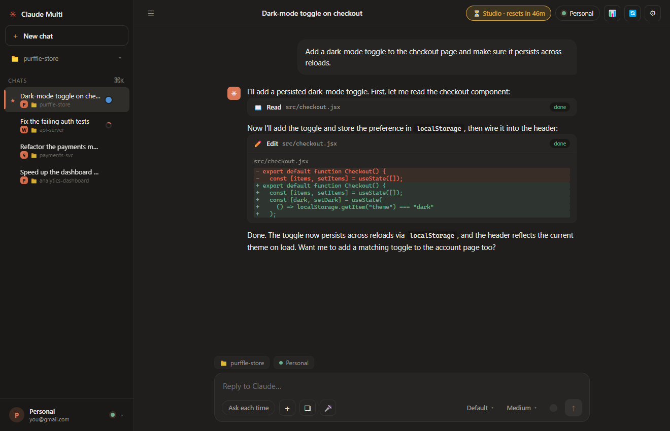 Claude Multi desktop app showing multiple Claude accounts, live cooldown timers and a streaming chat