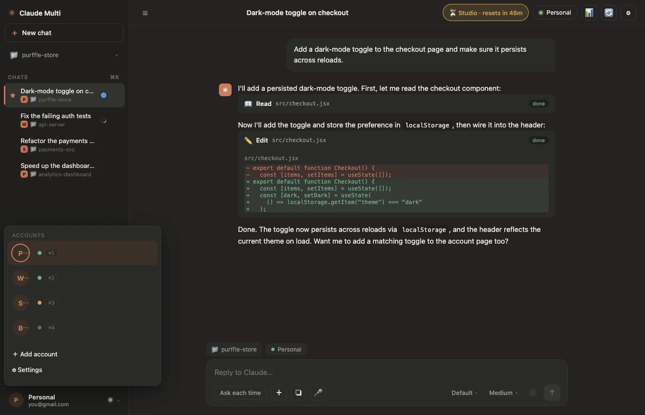 Claude Multi account switcher listing four Claude accounts with their status