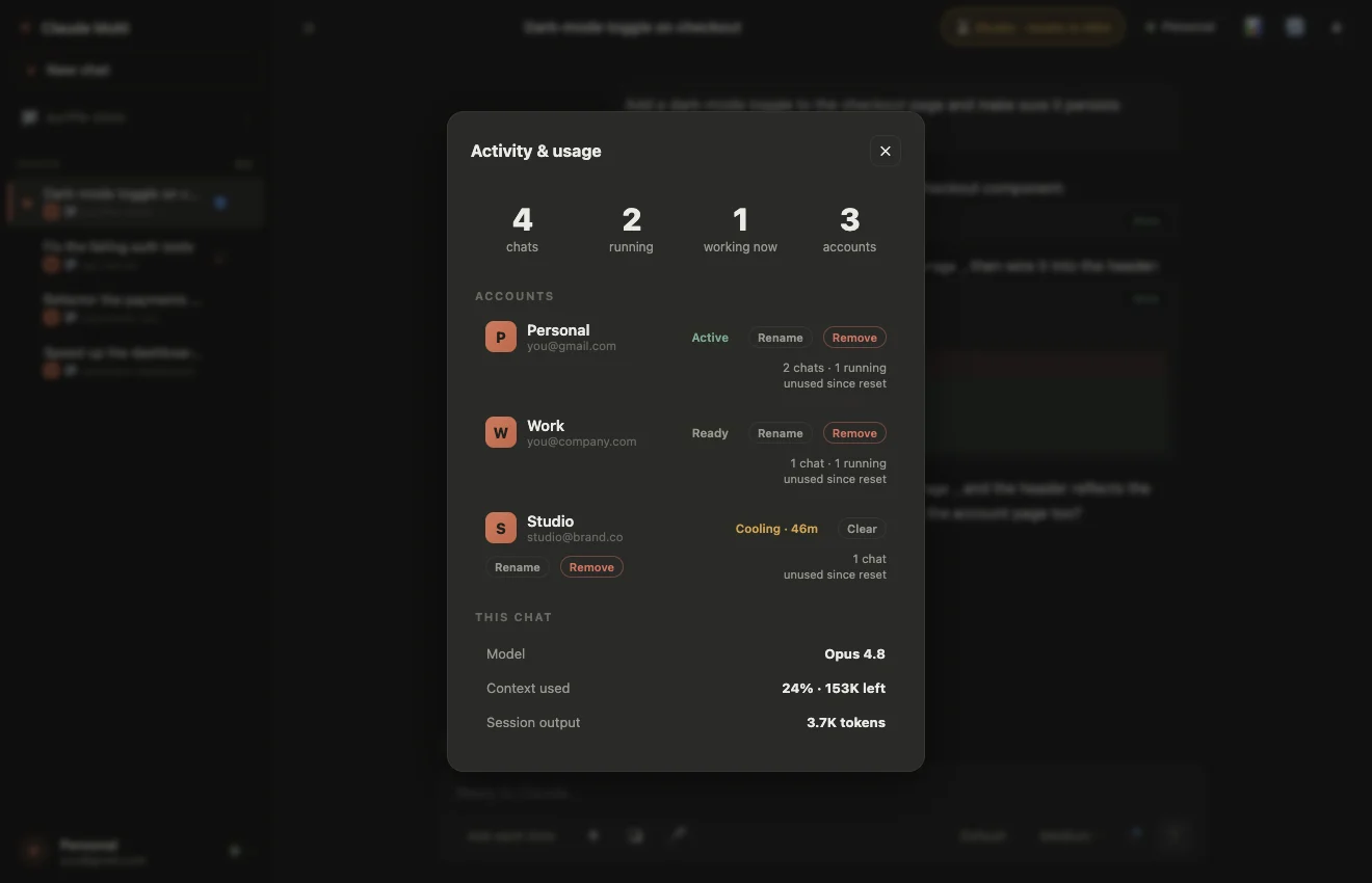 Claude Multi dashboard with each account status and a live countdown to its reset