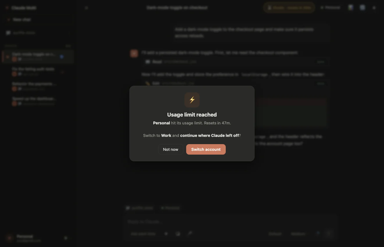 Usage limit reached dialog offering to switch from Personal to Work and continue