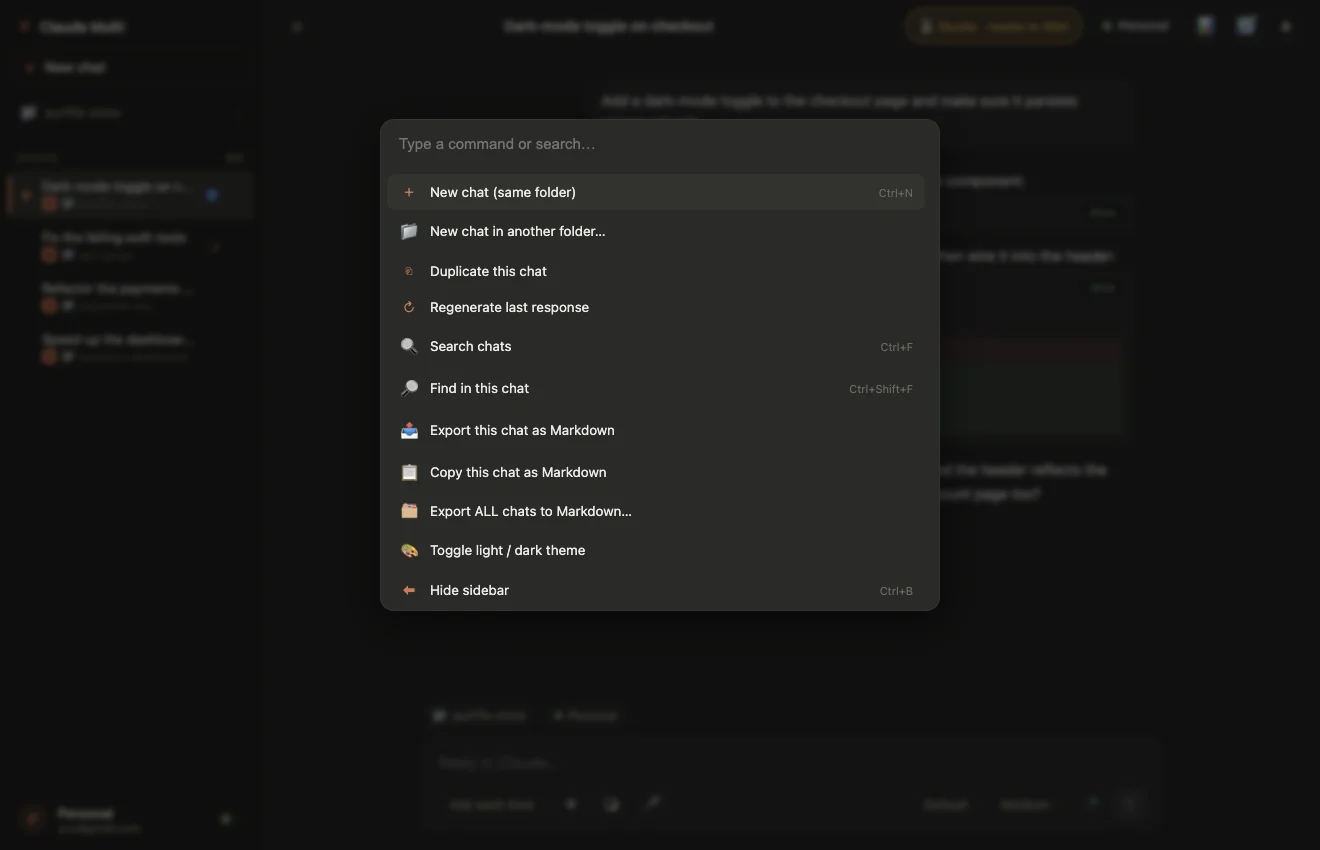 Command palette with actions like new chat, export and toggle theme
