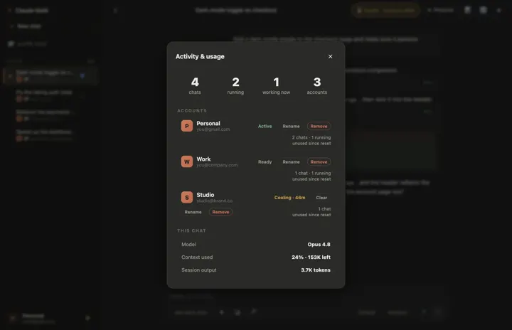 Claude Multi dashboard with per-account cooldown timers