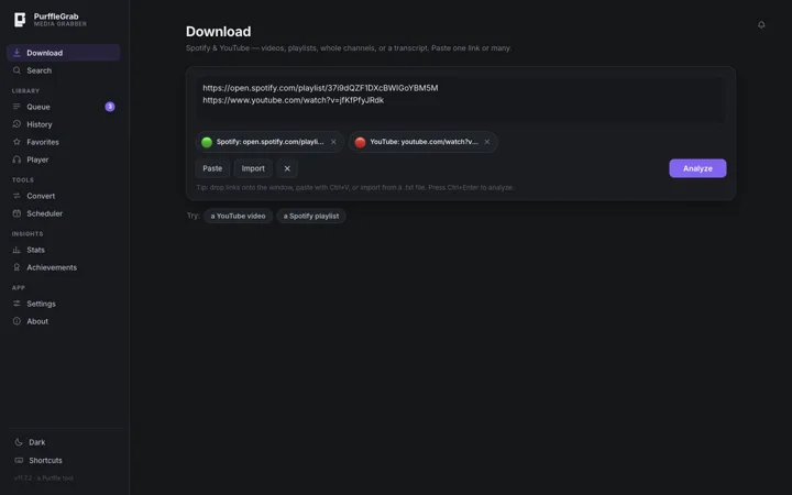 PurffleGrab download screen with Spotify and YouTube links