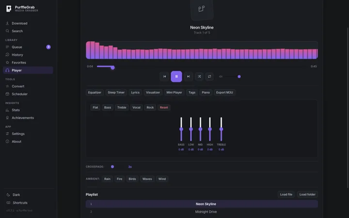 PurffleGrab built-in player with visualizer and equalizer