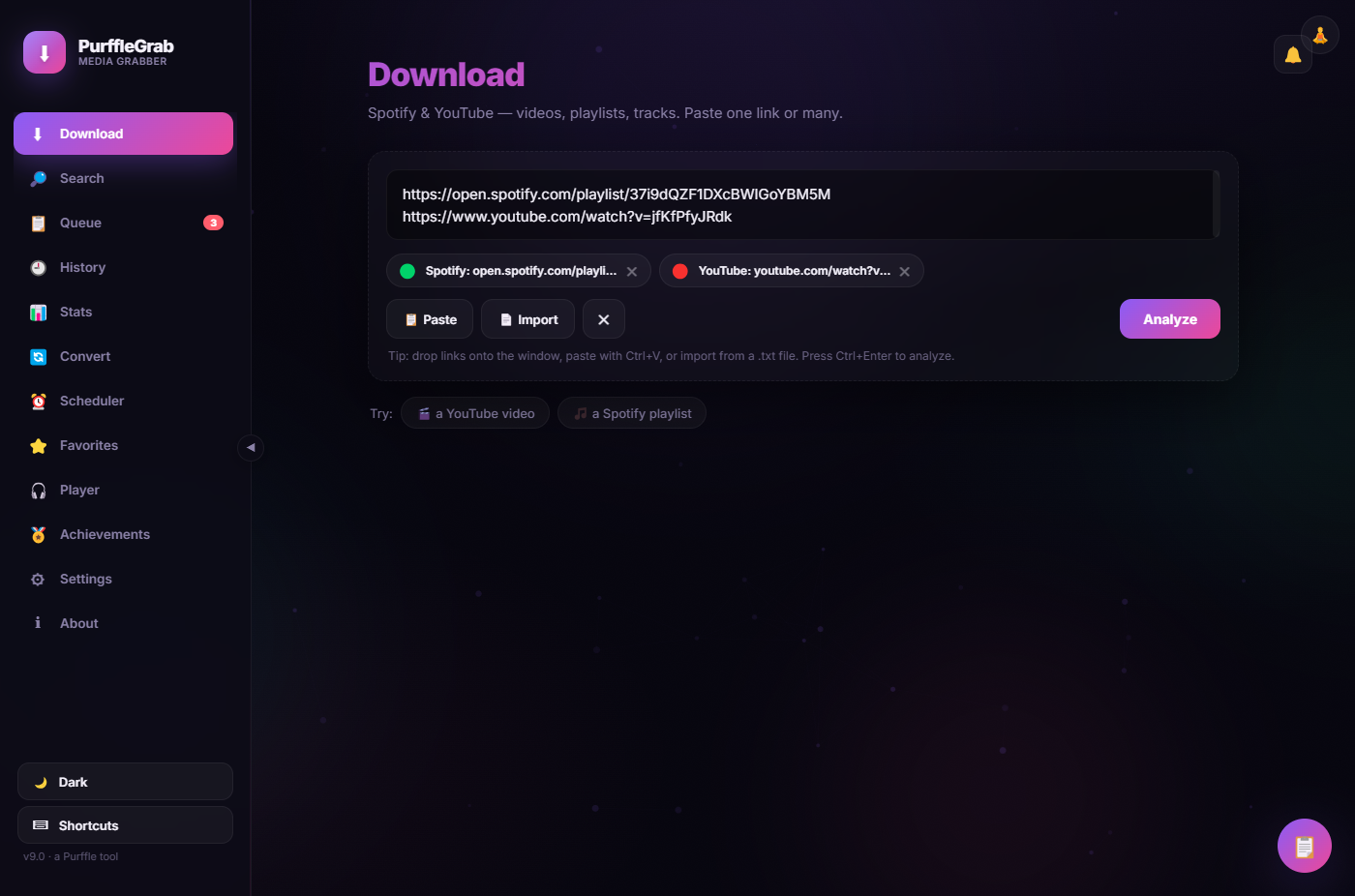 PurffleGrab YouTube downloader — download screen dark theme