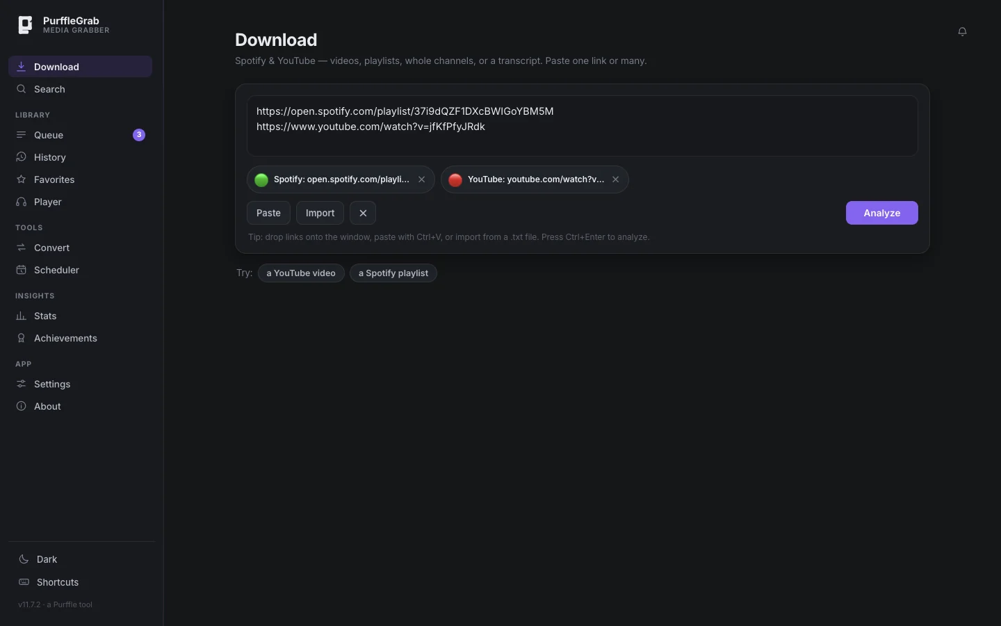 PurffleGrab download screen with a Spotify playlist link and a YouTube video link pasted, each detected with a source badge