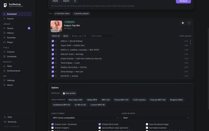 PurffleGrab screenshot — How to download a Spotify playlist to MP3