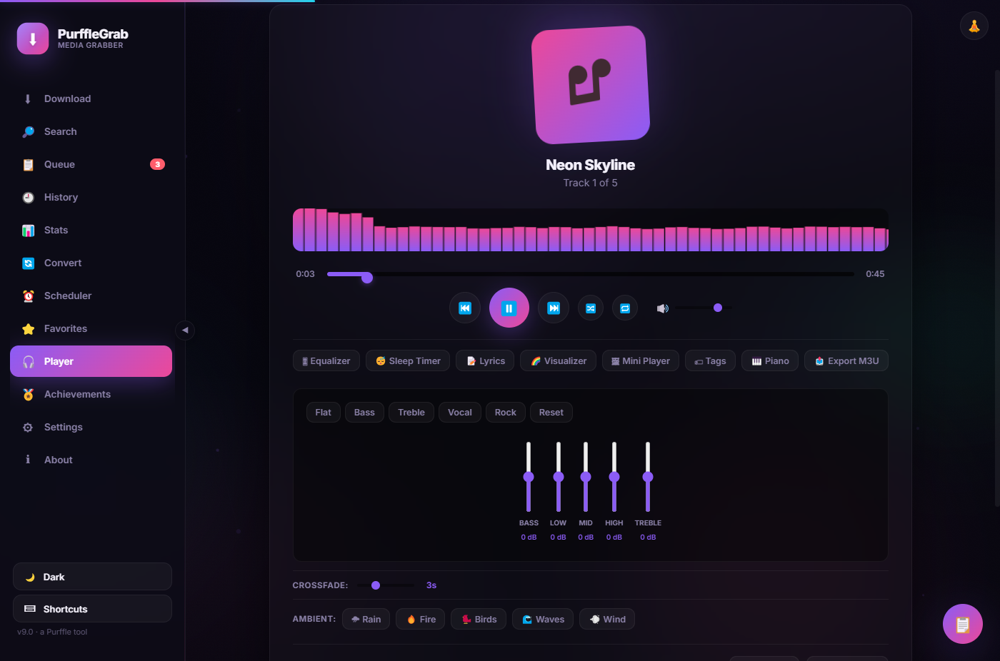 Built-in audio player with visualizer and equalizer
