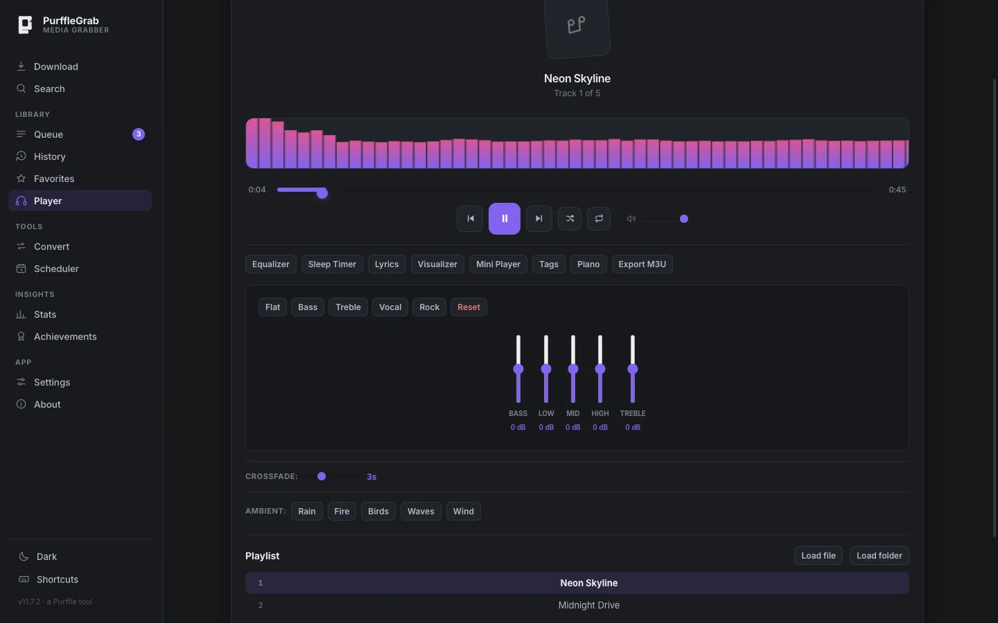 Built-in audio player with live spectrum visualizer and 5-band equalizer presets