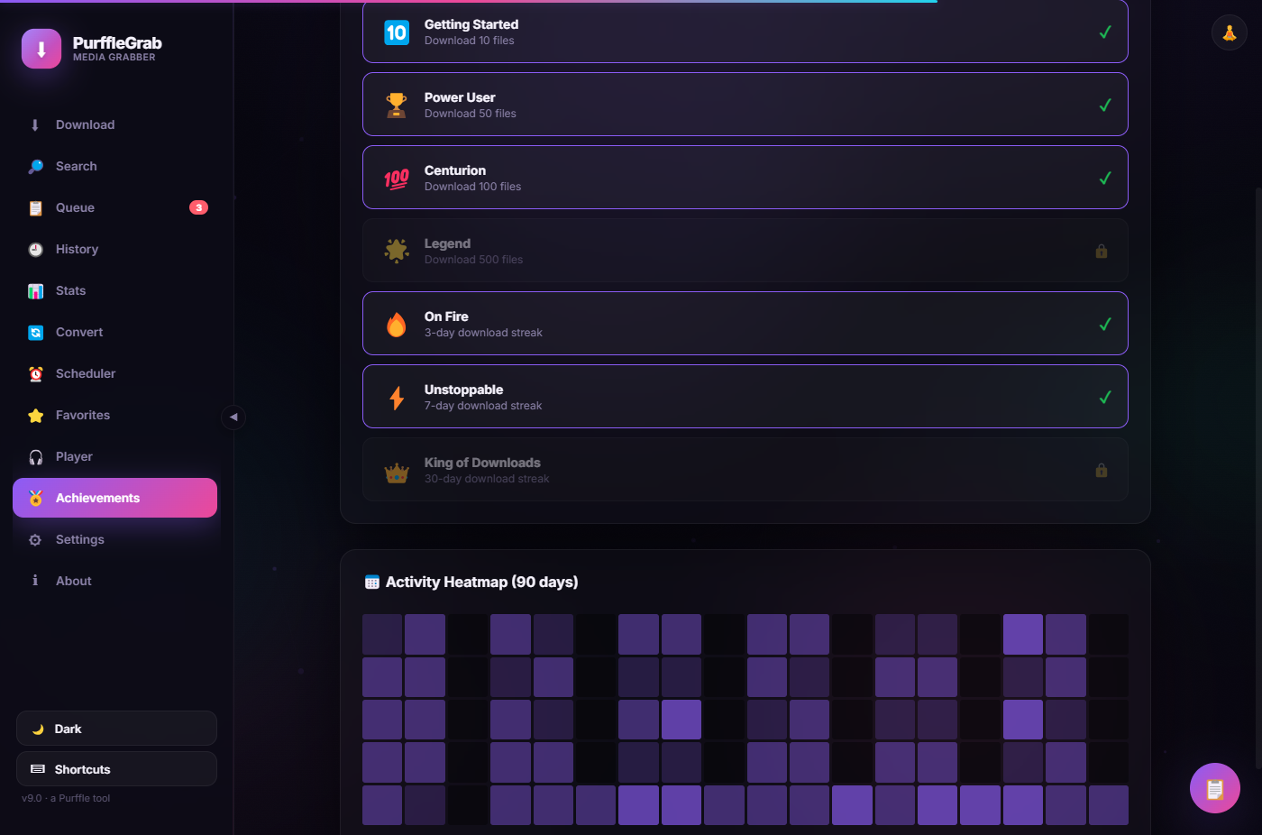 Achievement badges and download heatmap calendar