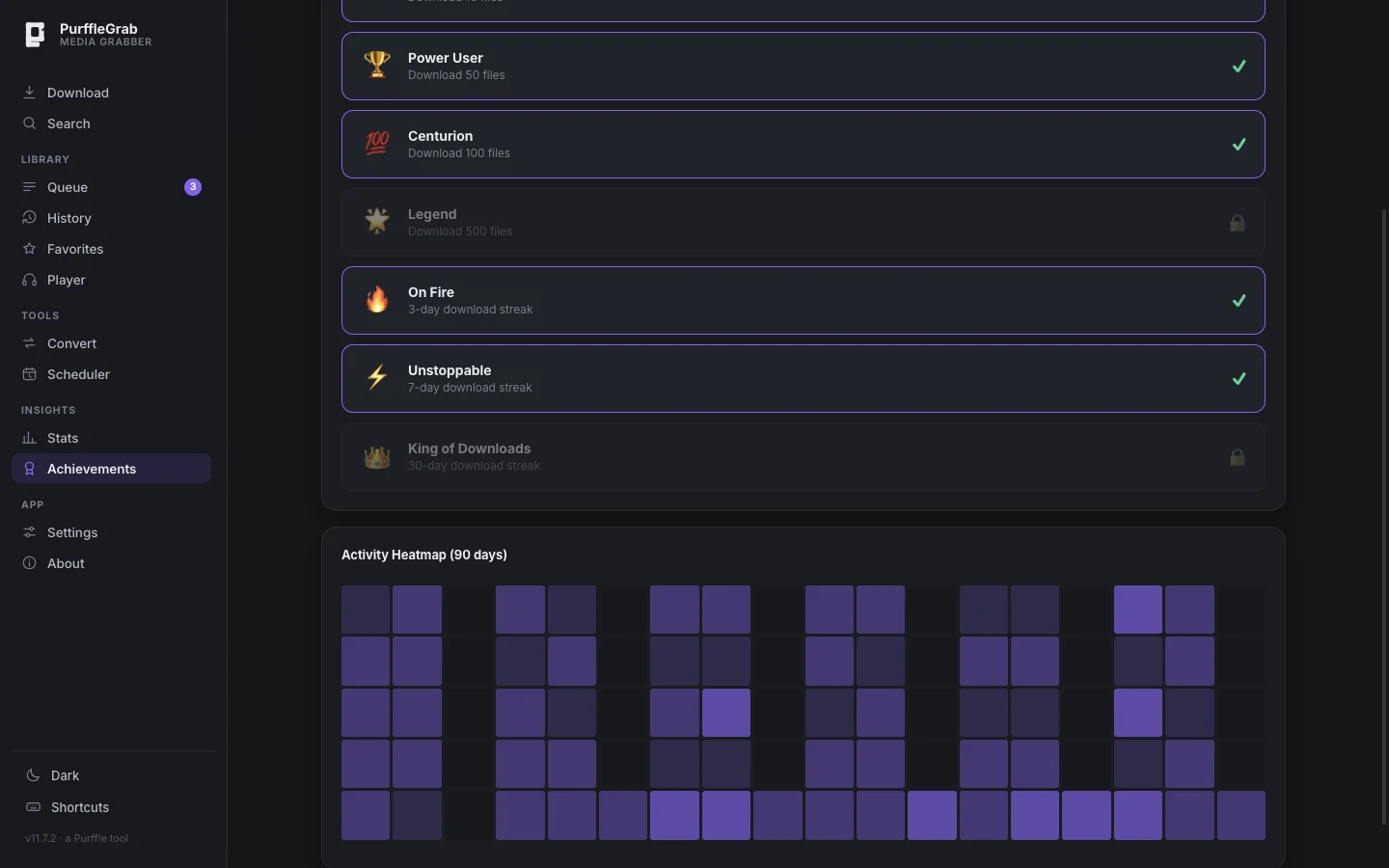 Achievement badges and a 90-day download activity heatmap