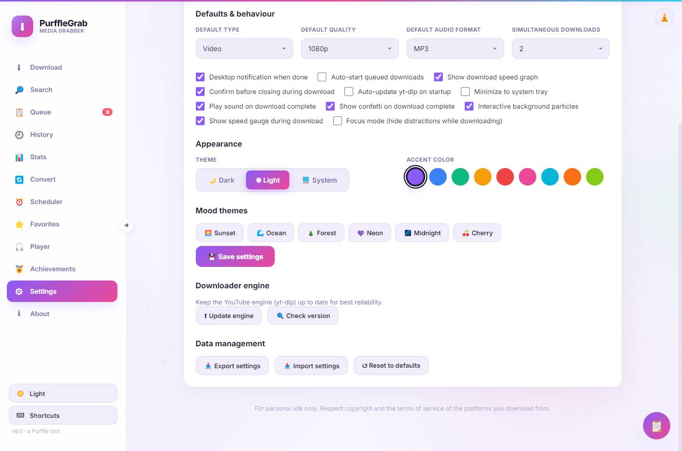 PurffleGrab settings with mood themes and accent colors