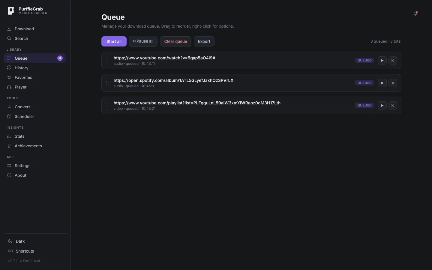 Download queue with YouTube and Spotify jobs waiting, start all and pause all controls