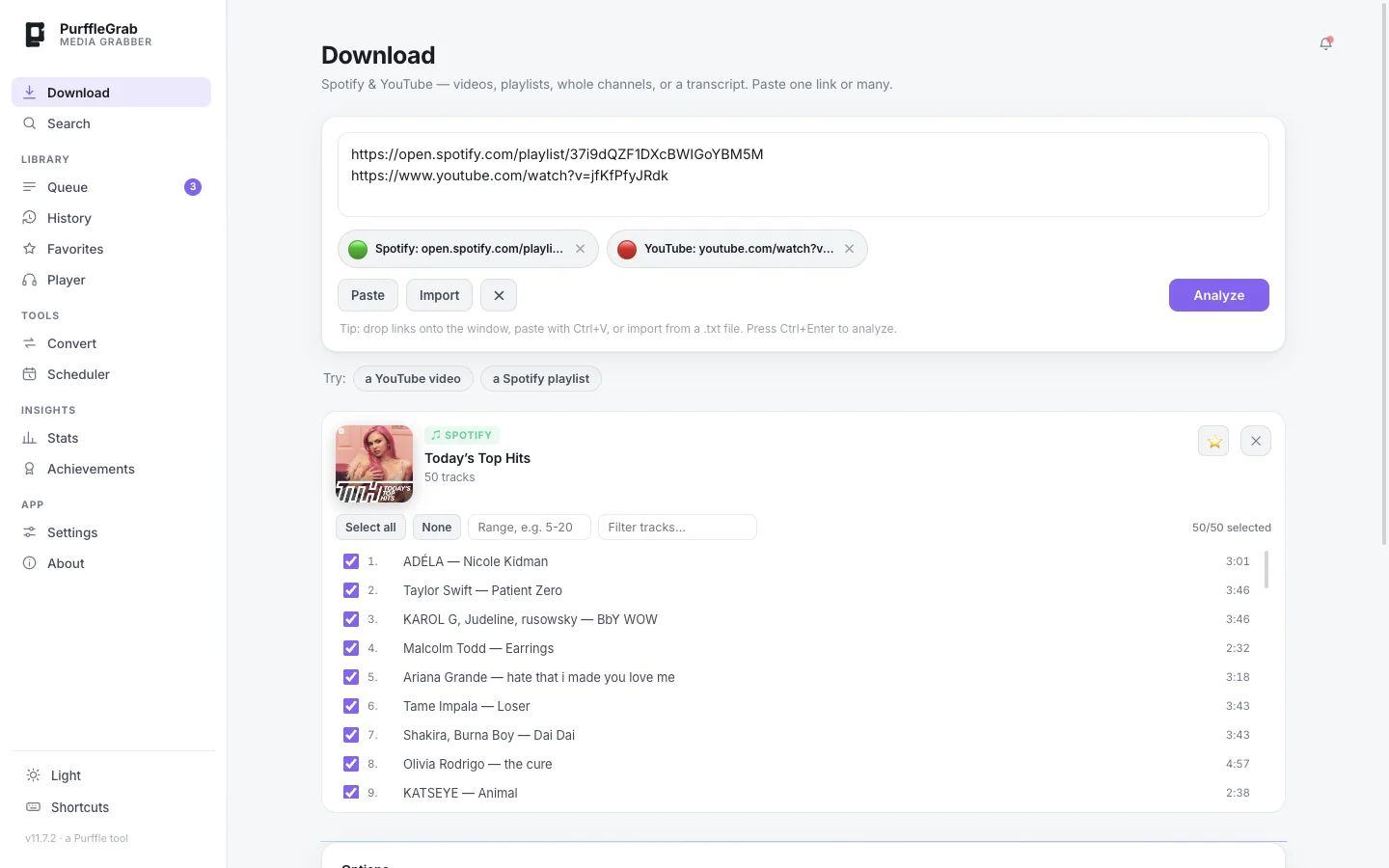 PurffleGrab running on a Mac in light theme with a Spotify playlist analysed