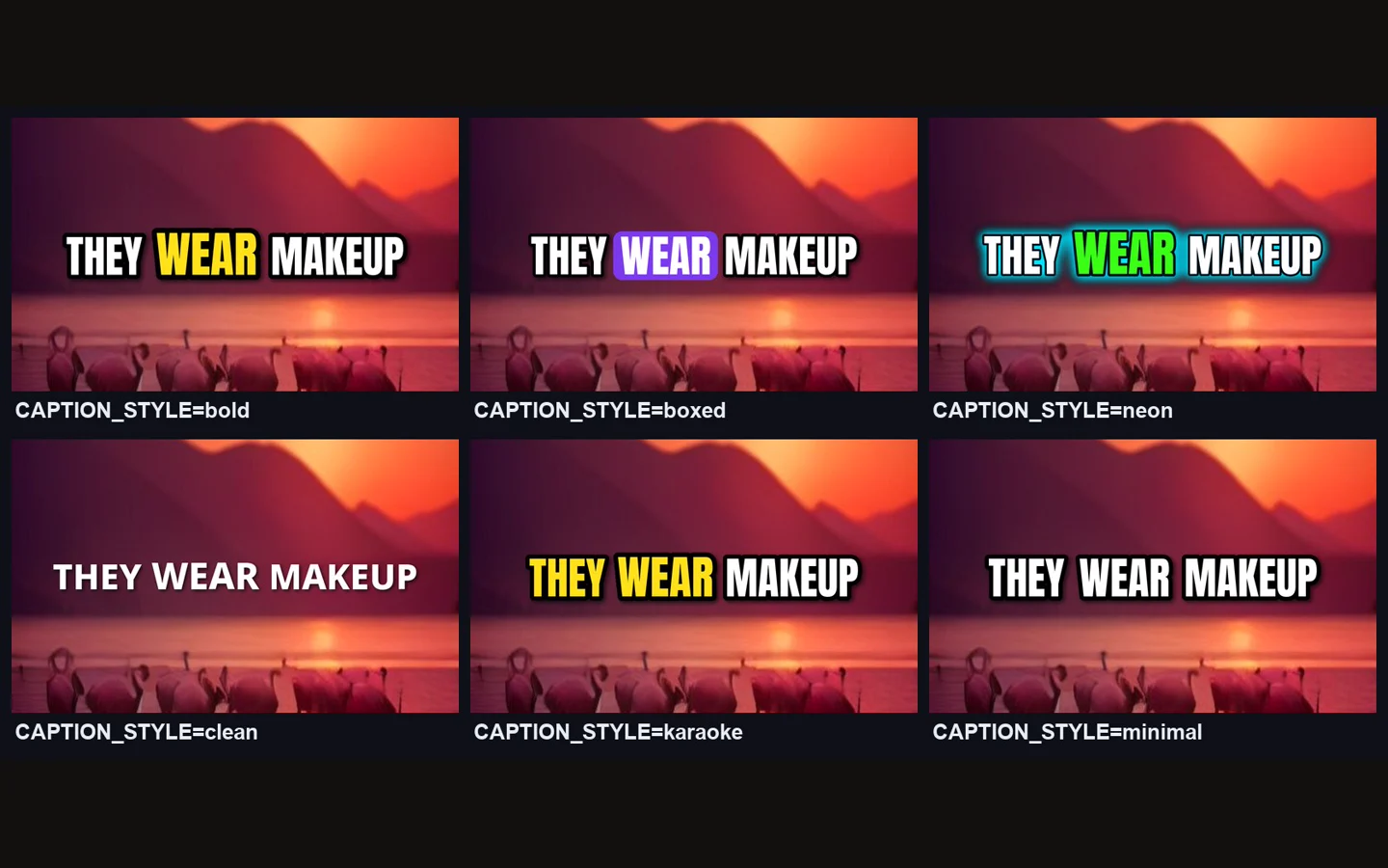The six PurffleShorts caption styles side by side