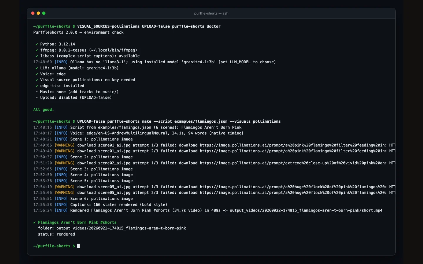 Terminal running purffle-shorts doctor and make, showing the environment check and a finished render